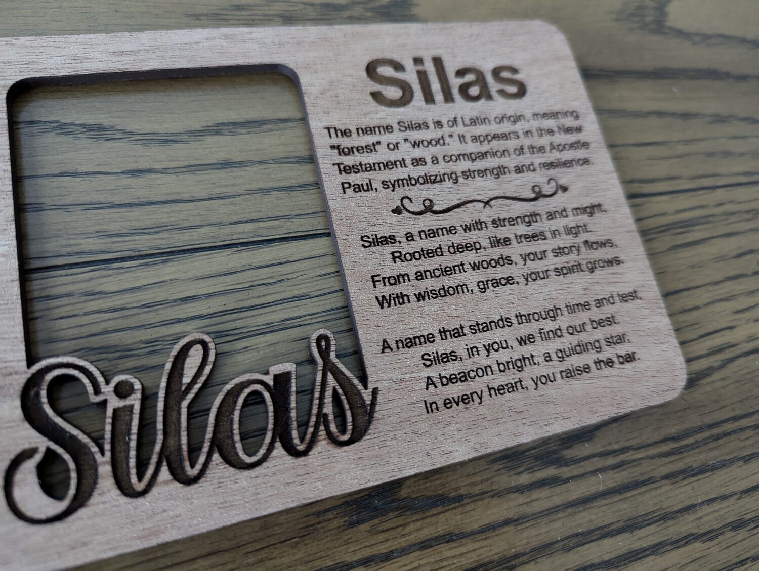 Silas frame in Cherry hardwood with engraved meaning and script name