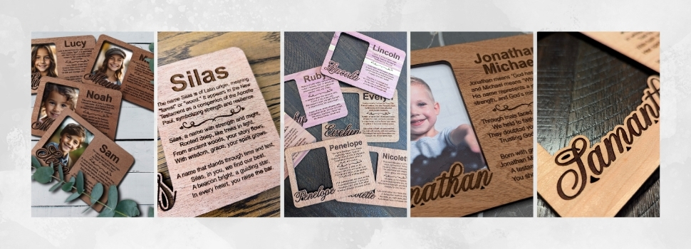 A pile of completed Nameframes — Penelope, Evelyn, Ruby, and more